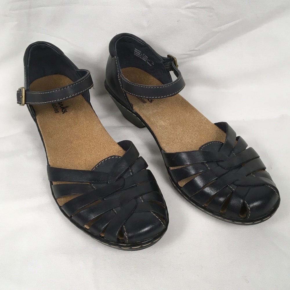 Clarks Bendables Leather Ankle Strap Block Heel Sandals Women's Size 6.5 Blue